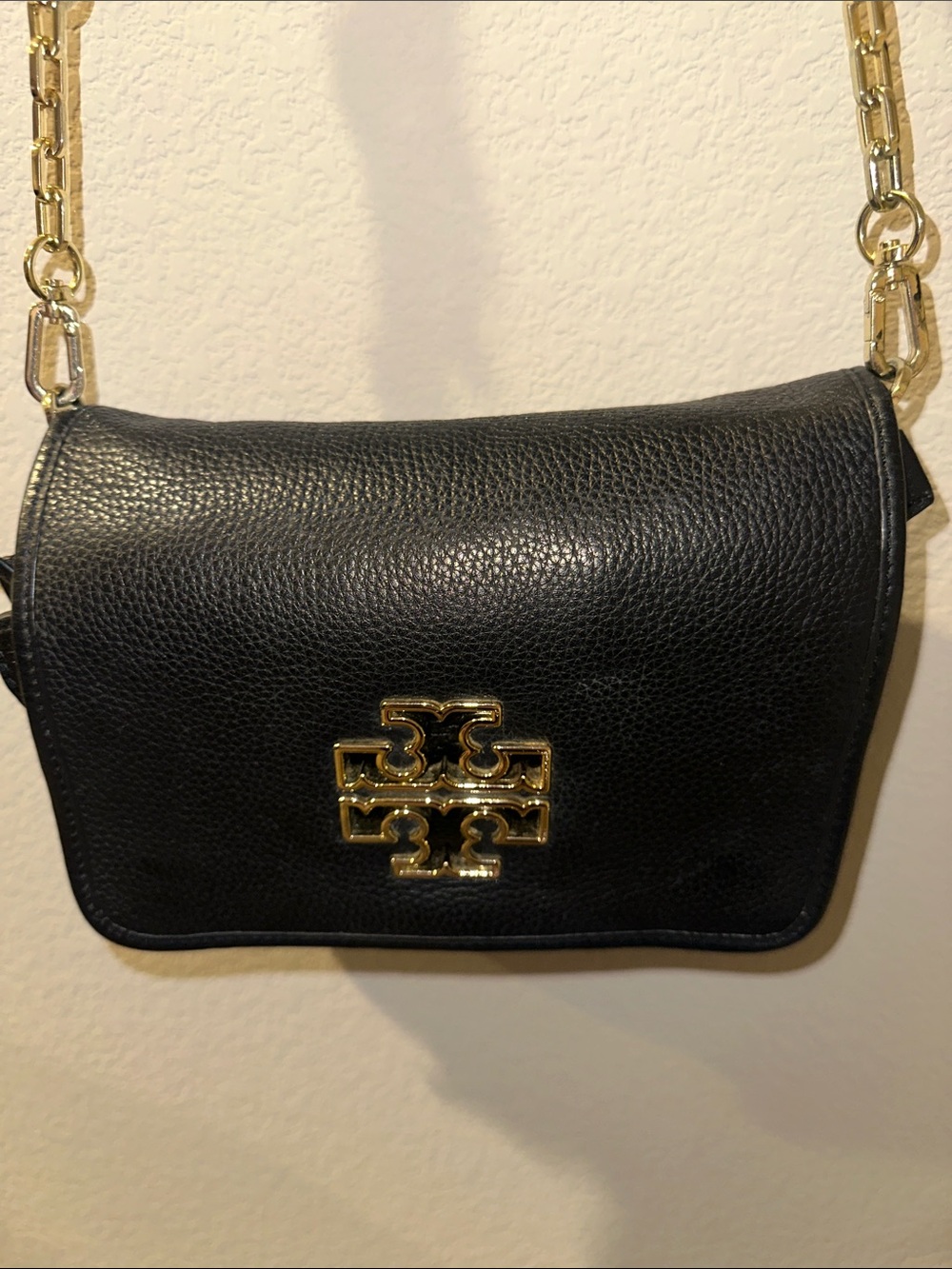 Tory Burch Black Leather Crossbody with Gold Logo and Chain